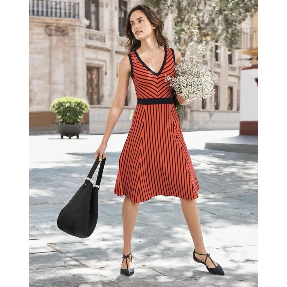 Boden Women’s Red Navy  Striped Dress Knit Sleeveless V Neck Flare
